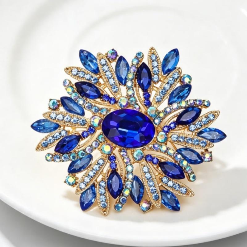 Multicolor Rhinestone Flower Brooch Shiny Crystals Gold Plated Frame For Wedding Party Formal Outfit Accessories