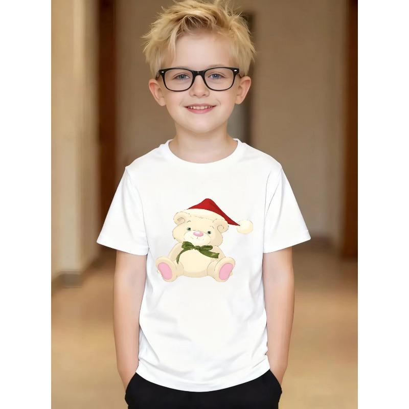 European Sizes ' Cute Bear Christmas T-Shirt - Short Sleeve Round Neck Casual Summer & Holiday Outfit with Bear Cub Print