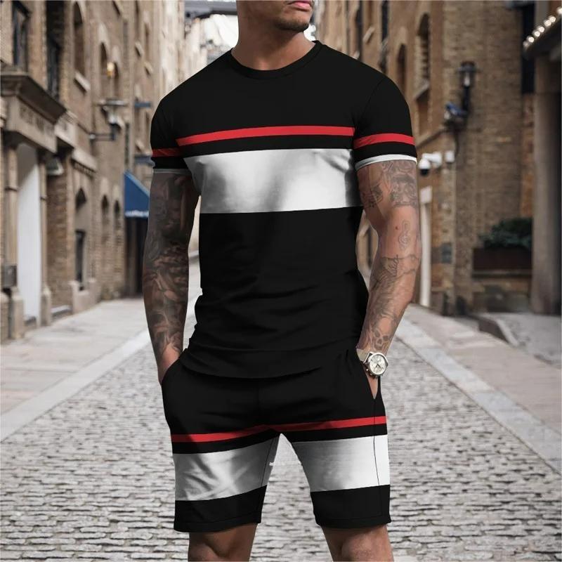 Men's Summer Casual T-Shirt Set Striped 3D Printed T-Shirt Short Sleeve Shorts 2 Piece Oversized Casual Beach Sports Suit