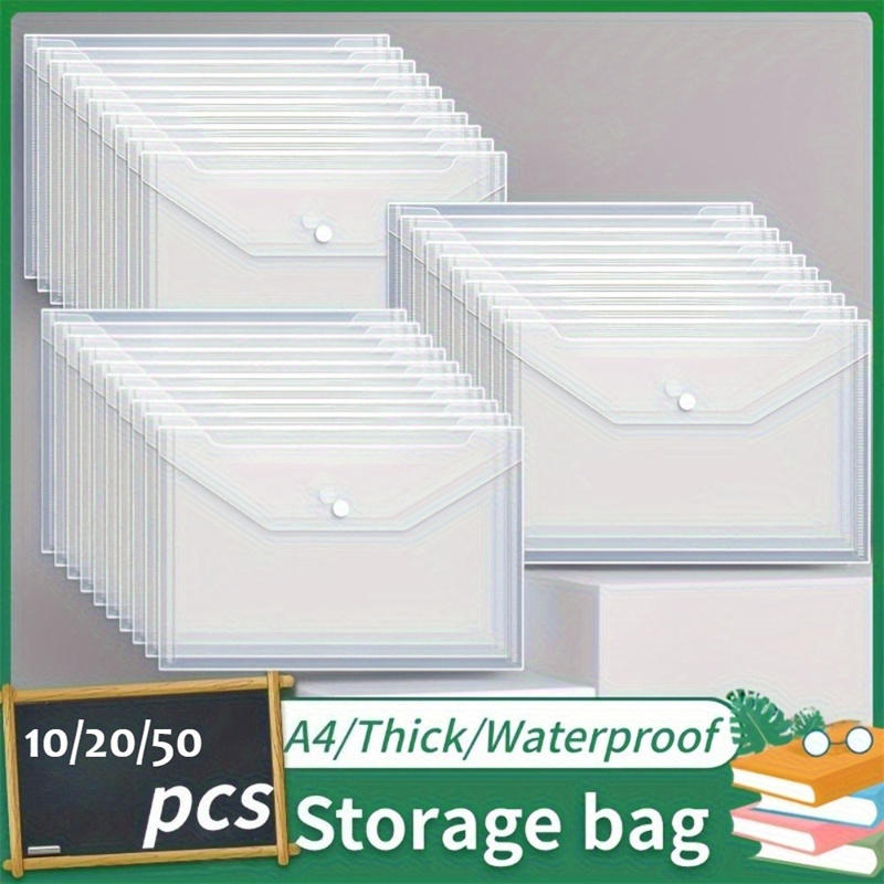 10/20/50Pcs File Pouch Envelope Transparent Waterproof Reusable File Bag with Buttons A4 Student Information Storage Bag Business Office File Folders