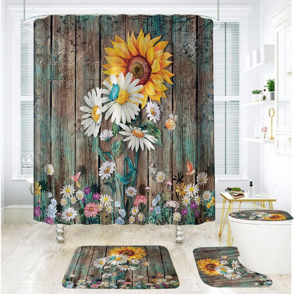 Badezimmer Duschvorhang Vierteilig Digitaldruck Holzmaserung Chrysanthemenpflanze Wasserdichter Duschvorhang Duschvorhang Trennvorhang
