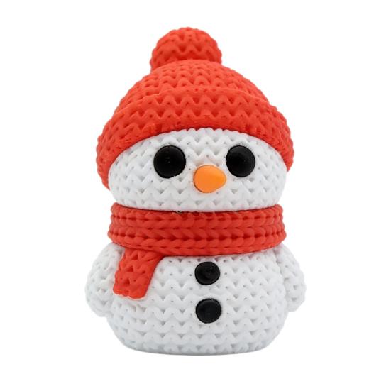 Festive Snowman Decor 3D Printed Knitted Figurine, Christmas Statue with Red Knit Decorative Hat and Scarf, Mini Sculpture for Holiday Desk Decoration