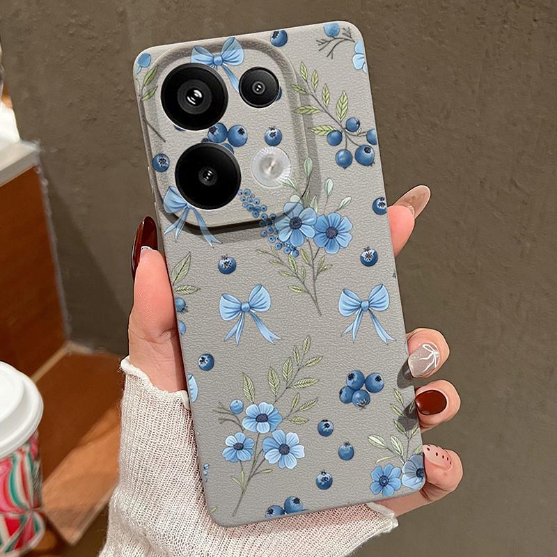 Blaubeere Schleifen Blumenmuster Hülle Für Xiaomi 14T 13T 11T Pro Funda Redmi Note 14 13 12 11 Pro 5G 4G Lederstruktur Silikonhülle