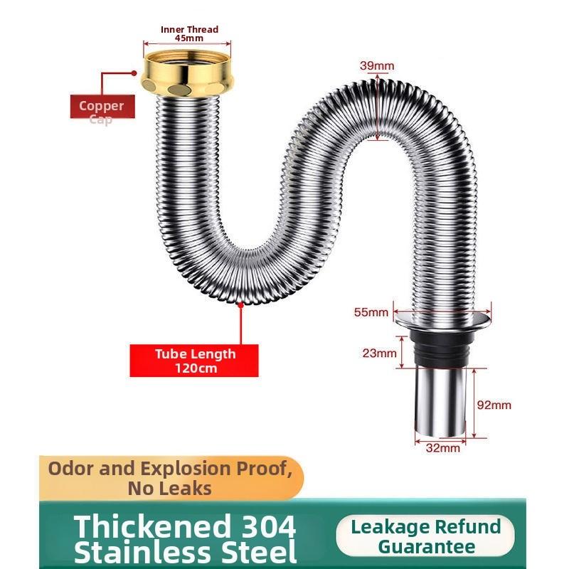 Kitchen Sink Drain Pipe Stainless Steel 304, 40 Cm Length, Leak-Proof And Odor-Blocking, Easy Installation, For Home-Use