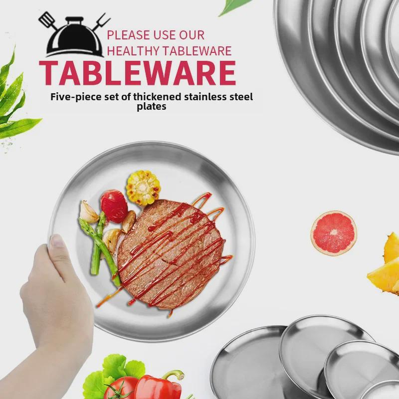 Durable Stainless Steel 5-Piece Round Plate Set: Dinner, Fruit, Picnic, BBQ, Heat-Resistant
