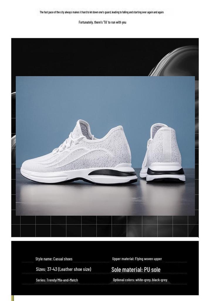 Men's Flyknit Height-Increasing Running Shoes - Breathable Mesh, Thick Sole, Low-Top, Spring/Summer Casual Sportswear.