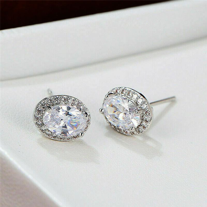 Huitan Oval Shaped Stud Earrings Piercing Silver Color White Cubic Zirconia Cute Women's Earrings Wholesale Bulk Fashion