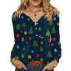 Women's Fashionable Casual V-neck Blouse Button Christmas Printed Long-sleeved Pullover T-shirt Top