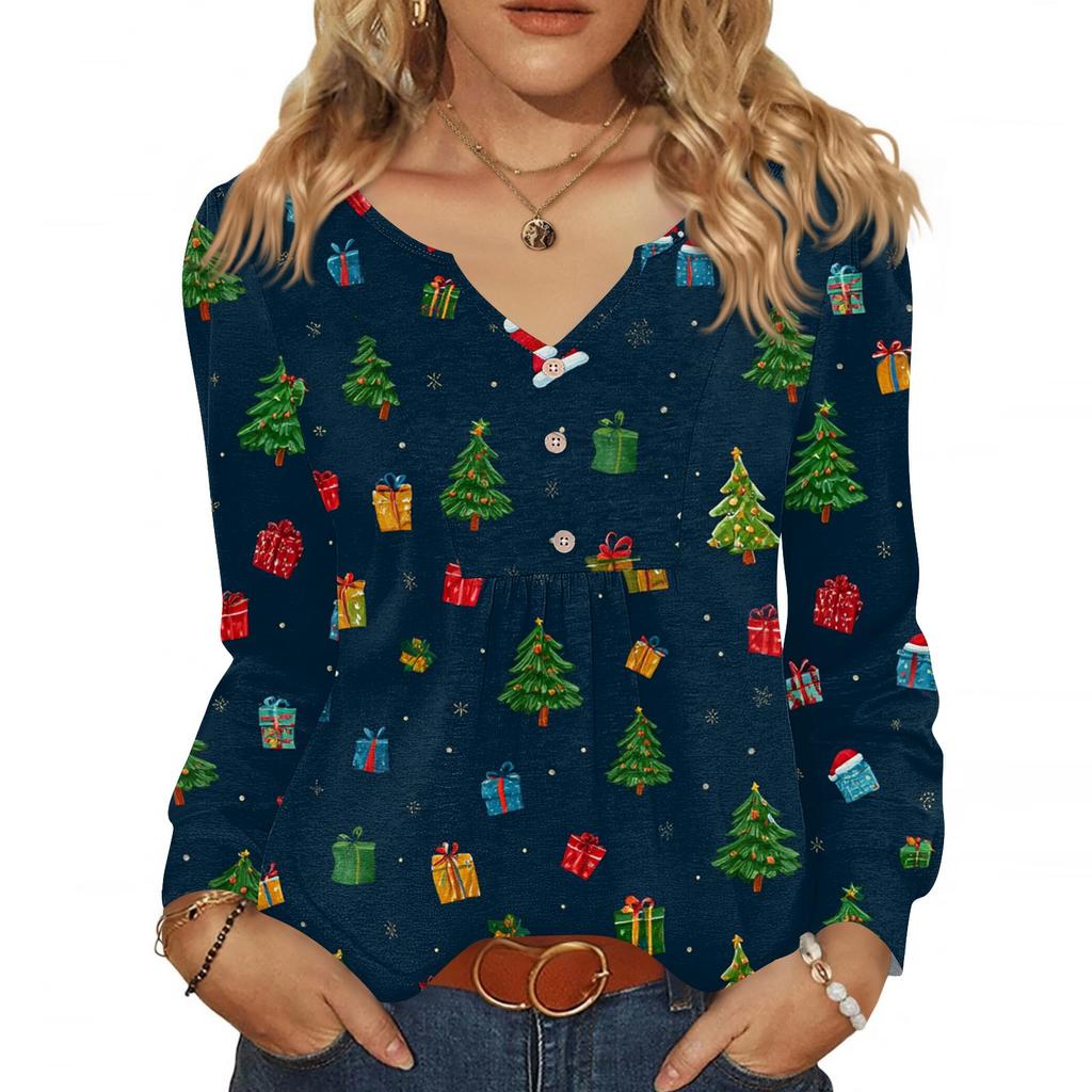 Women's Fashionable Casual V-neck Blouse Button Christmas Printed Long-sleeved Pullover T-shirt Top