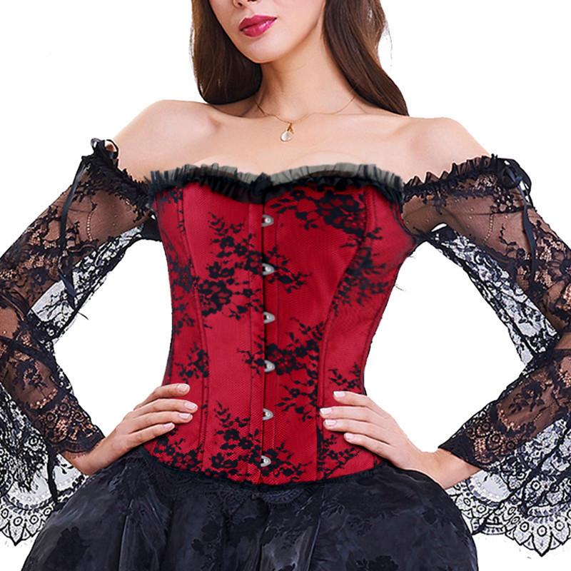 Off-Shoulder Langarm Spitzenkorsett-Top, Viktorianisches Bustier Bauchkontrolle Taillenformer Für Hochzeits-Abendmode