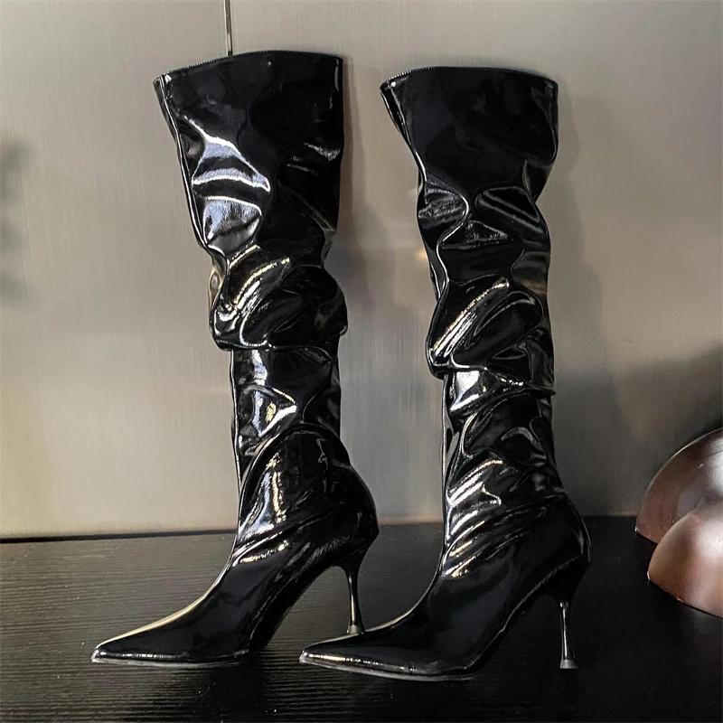 Eilyken Fashion Patent Leather Knee-High Boots Women Pleated Thin High Heels Wedding Banquet Shoes Winter Autumn Long Booties