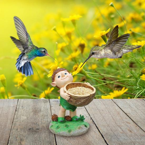 Forest Elf Bird Feeder Resin Elf Figurine with Walnut Bowl Wild Bird Feeding Bowl Garden Statue for Courtyard Outdoor Decor