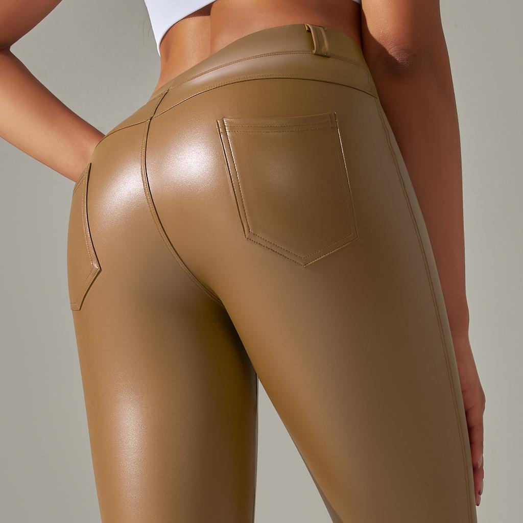 European and American New Sexy PU Leather Pants Large Size Belly Leggings Sports with Pockets Small Pants Abraded Leggings