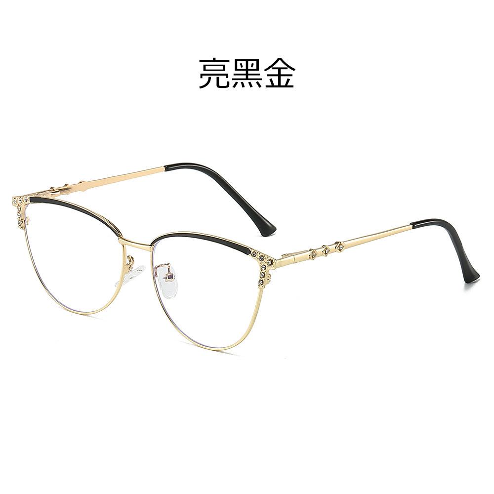 Cat eye glasses new diamond-encrusted plain glasses frame fashionable spring foot discoloration anti-blue light metal glasses