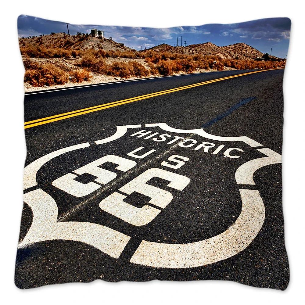 Poszewka na poduszkę w stylu retro Route 66 Dekoracja domu Poliestrowa poszewka na poduszkę na sofę Samochód Poszewka na poduszkę do rzucania Naturalny krajobraz Funda Cojin