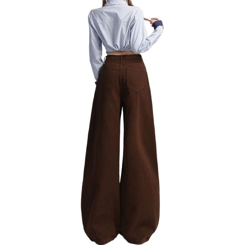 Retro High-Waist Coffee Wide-Leg Jeans for Women - Loose, Slimming, Spicy Straight-Leg Pants