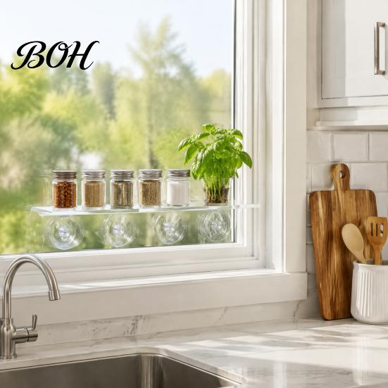 Floating Potted Plant Stands Window Suction Cup Storage Rack, Clear Acrylic Shelf with Microgreen Growing Trays Strong Adsorption, Stand for