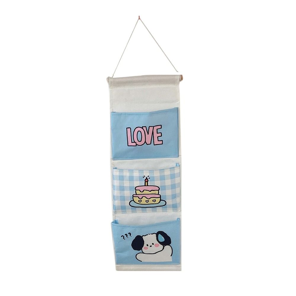 

Cute Wall Mounted Storage Bag Multi-grid Cartoon Hanging Bag Creative Sundries Organizer Home Blue-3 Pockets