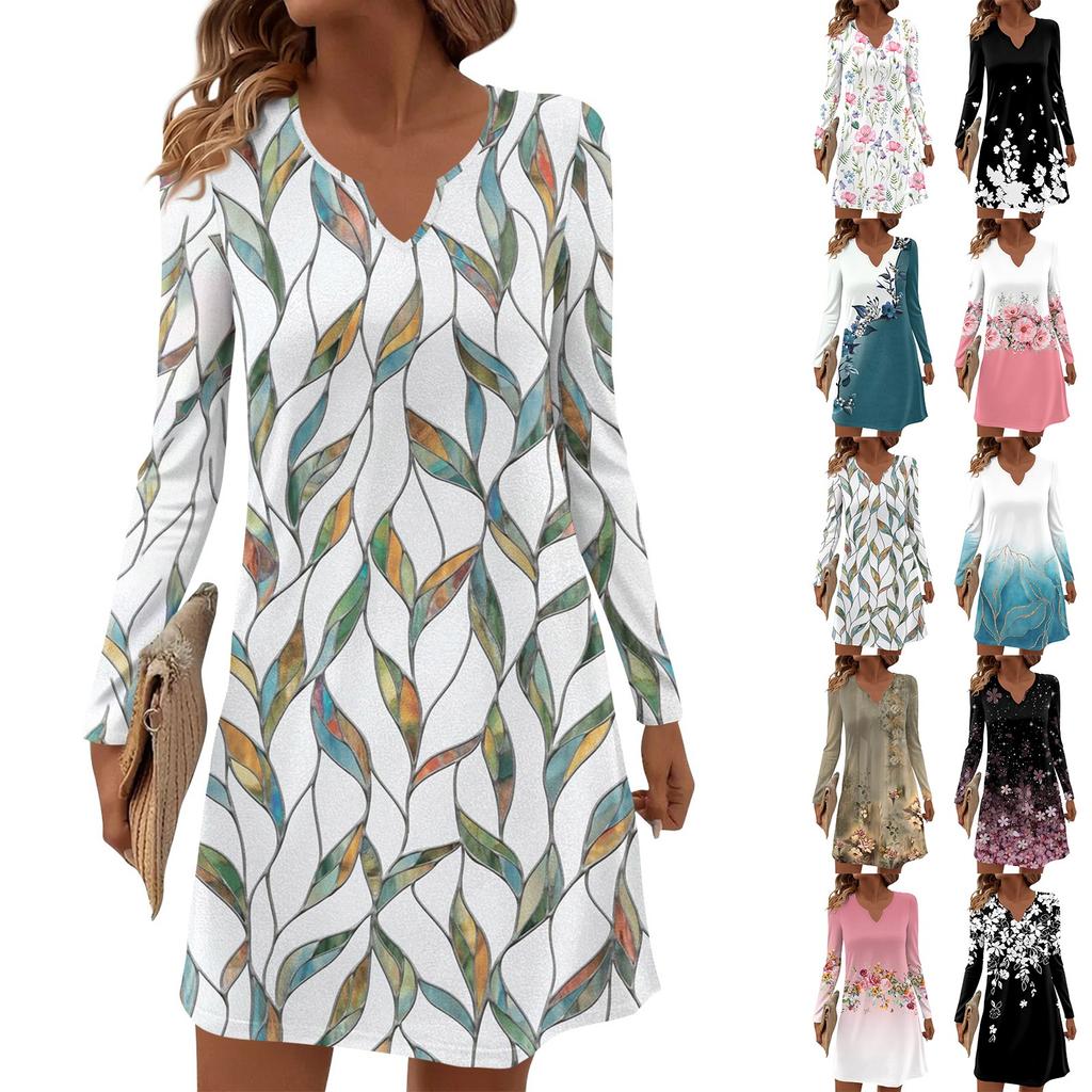 Women's Long-sleeved Casual Midi Dresses V-Neck Print  Casual Dress