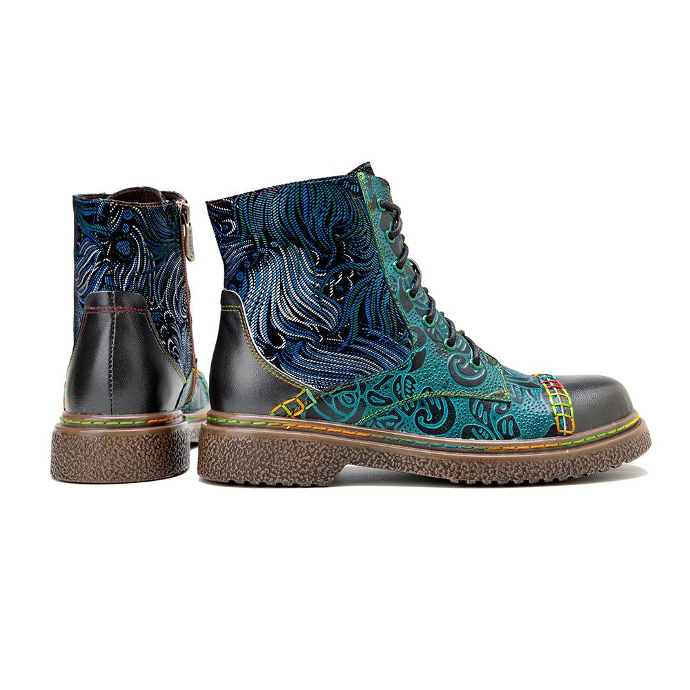 Johnature Genuine Leather Shoes Women Boots Round Toe Retro Handmade Lace-up Sewing Concise Ankle Platform Boots