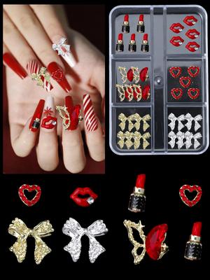 Valentine's Day Lipstick Butterfly Mouth Heart Nail Charms 1Box(30pcs) 3D Alloy Bow Love Nail Art Decorations DIY 2025 Gift For Girls