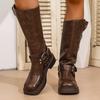 Women's Fashion Boots Round Toe Platform Sole Square Heel Buckle Strap Long Boots Retro National Style Autumn Knee-length Boots