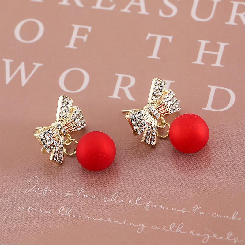 Elegant Red Faux Pearl & Diamond Bow Earrings for Women - Festive and Fashionable Holiday Accessories