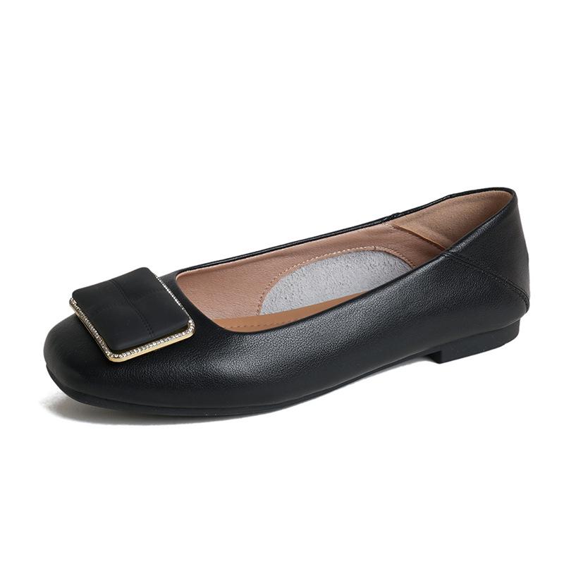 Spring 2025 Women's Genuine Leather Flats: Low-Cut, Versatile Chunky Heel, Plus Size 41-43, Ideal for Summer Work.