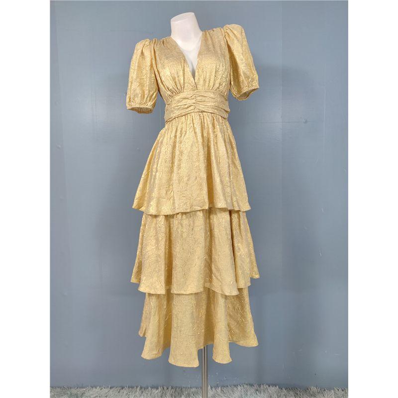 

Очжоужань Высокая Холодная Богиня Переднее и Заднее Двойное V Бретельки Облегающее Талию Платье с Большим Подолом Короткий рукав Золотой Блеск Гостевые платья Длинное платье Gold L