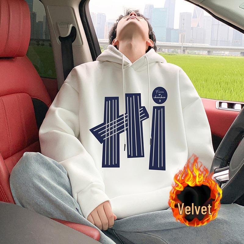 

Men s Fleece-Lined Hooded Sweatshirt - Autumn/Winter Loose Fit Pullover, Trendy Casual Style for Couples L