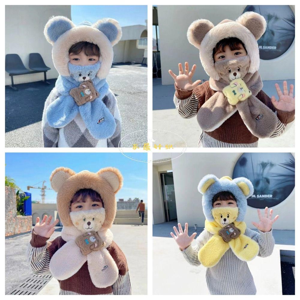 Winter Ear Protection Cap Cute Cartoon Warm Beanies Fashion Cross Neckerchief  for Children