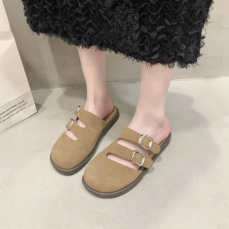 New Women's Suede Mules Slippers Platform Flats Boston Clogs Sandals Fashion Outdoor Indoor Slip On Beach Woman Soft Shoes