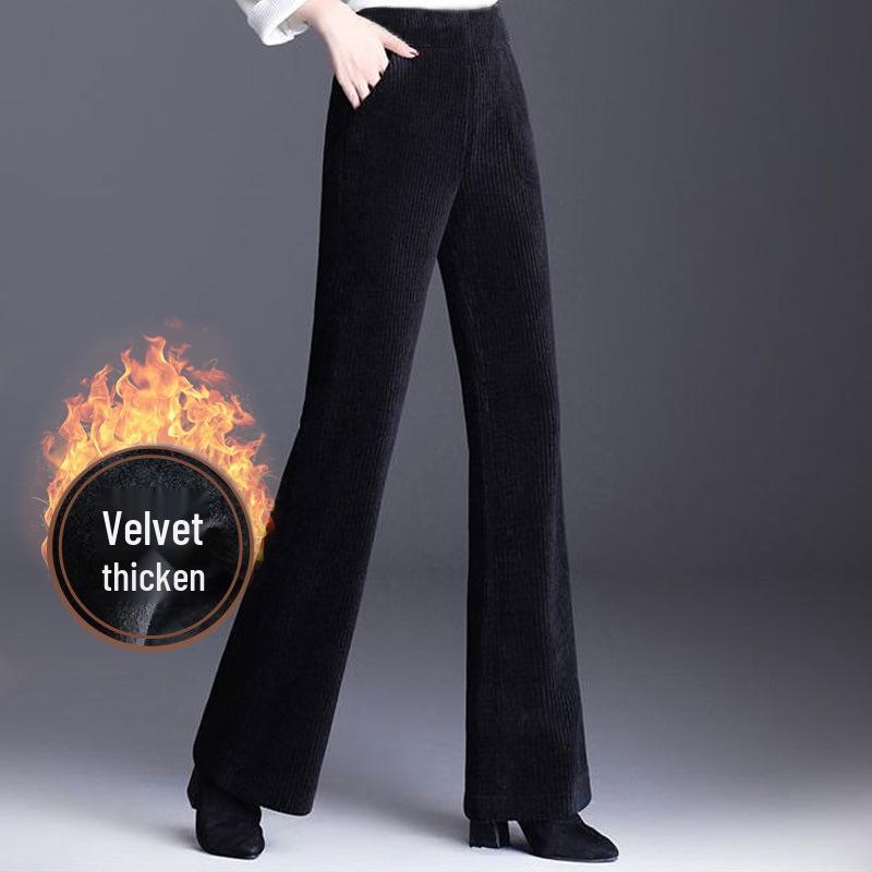 Dámské manšestrové kalhoty s vysokým pasem a širokými nohavicemi s fleecem - Pohodlné, volný střih pro podzim a zimu.