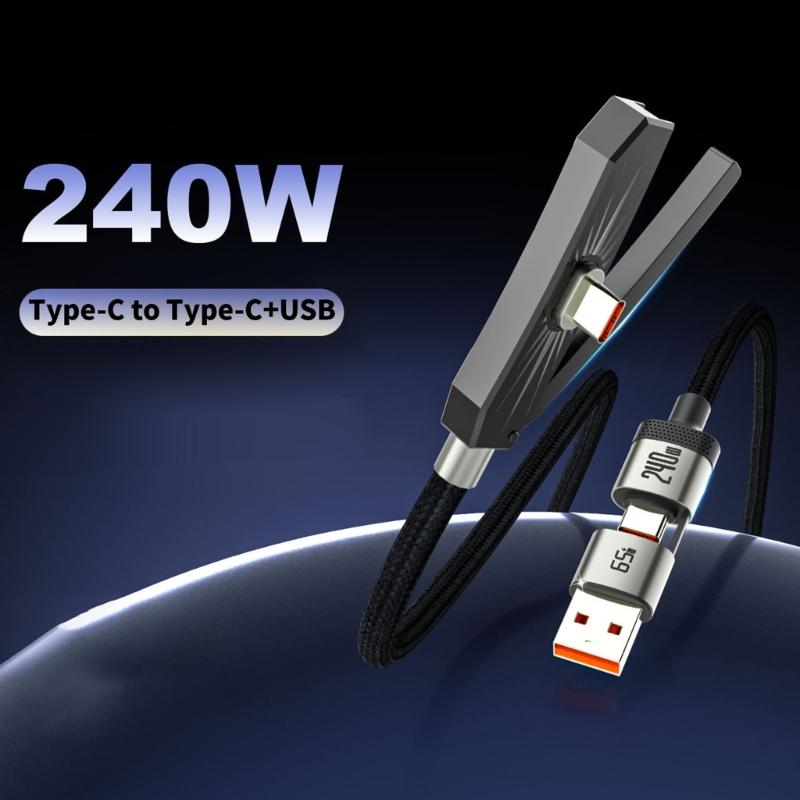 240W Fast Charging Type C & USB 65W 2 In 1 Braided Cable With Invisible Bracket For Phones Tablets Laptops Gaming
