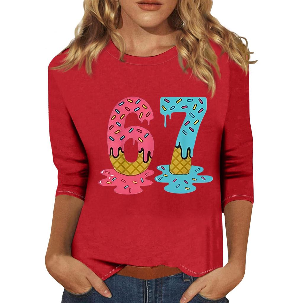 Women's Fashionable Casual Three-Quarter Sleeve Printed Neck T-Shirt Top