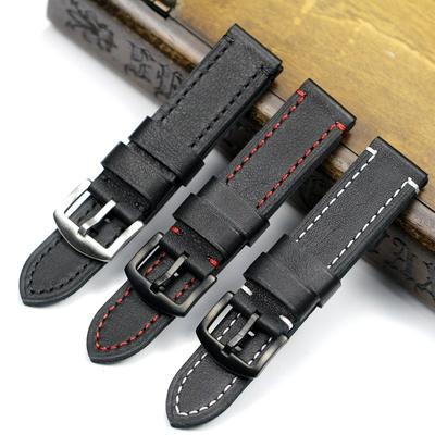 18 19 20 21 22mm Soft Black with White Red Stitches Genuine Leather Watchband For Samsung S2 S3 Military Big Pilot Watch Strap