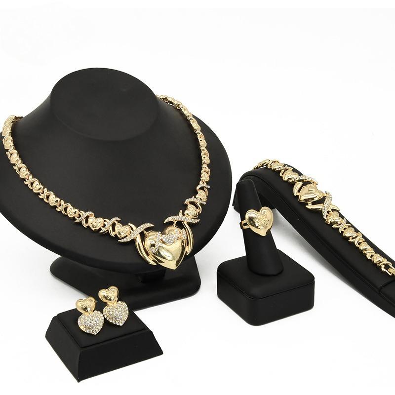 2026 Dubai 24K Heart Full Diamond Jewelry Set African Wedding Necklace Ring Earrings Bracelet Four-piece Set
