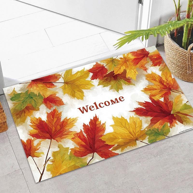 Retro Welcome Plank Maple Leaf Print Carpet Party Living Room Sofa Bedroom Bedside Study Entrance Door Rug Non-slip Decor Mat
