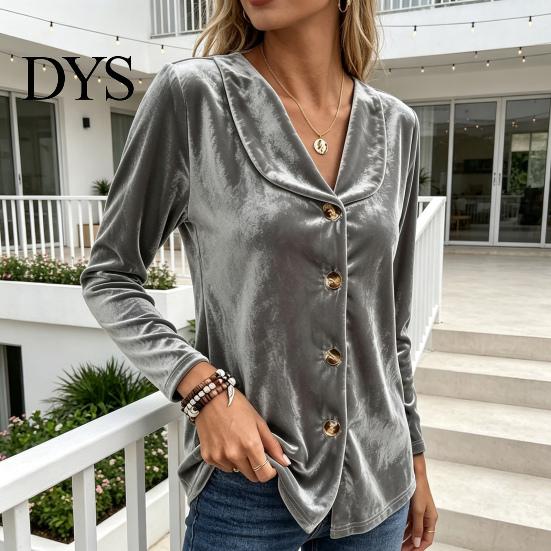 Women Velvet Blouse Fall Shirt, Button Down Long Sleeves Casual Top, Shirt Solid Color Loose for Daily Wear Work