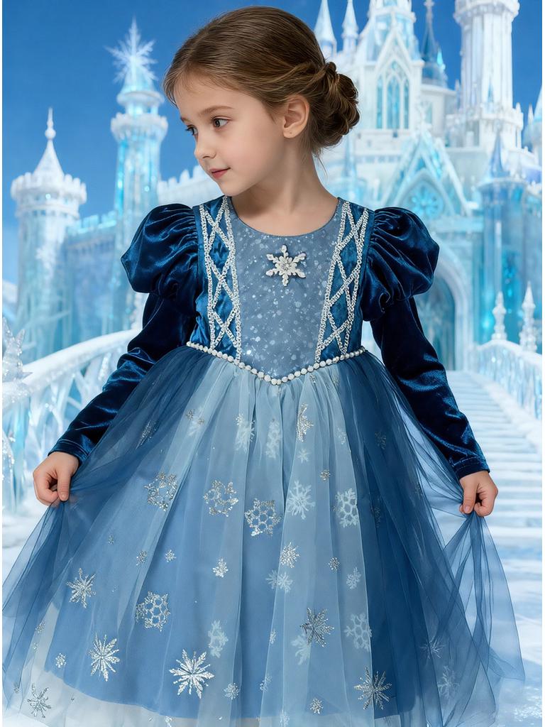 2025 Autumn/Winter Frozen Princess Elsa Long Sleeve Dress for Halloween and Holiday Gifts