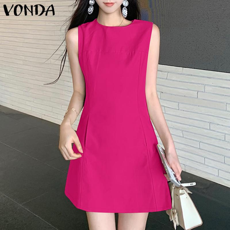 VONDA Summer Women Round Neck Sleeveless Casual A-Line Dress