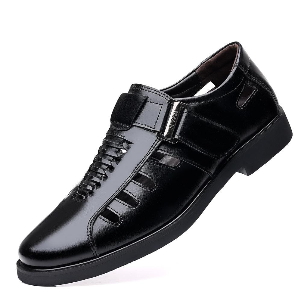 New Men's Large-size Sandals Breathable Business Dress Dad Shoes Engraved Wear-resistant Empty Holes Middle-aged and Elderly Leather Men's Shoes