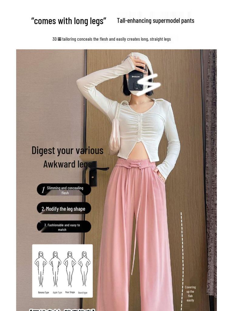 Women's Pink Ice Silk Wide-Leg Pants: Summer Thin High Waist, Straight-Leg Casual Style for Spring and Autumn