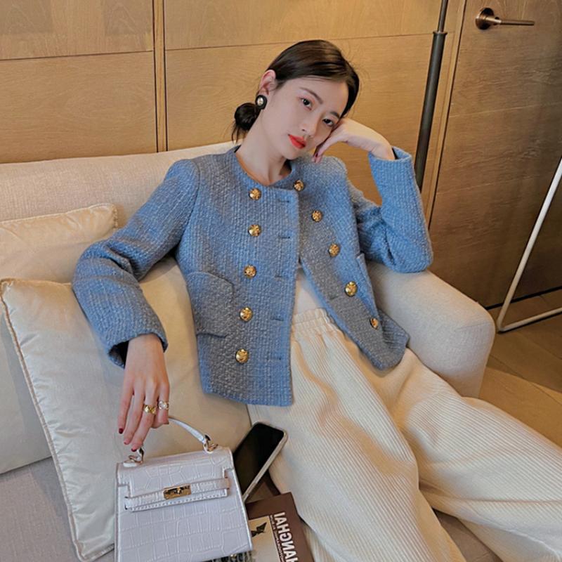 New Autumn Winter Tweed Jackets for Women Elegant O-neck Long Sleeve Wool Blends Coat Ladies Solid Outwear