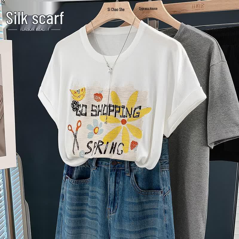 Sibaisha Women s Cartoon Print Short Sleeve Knit Top S