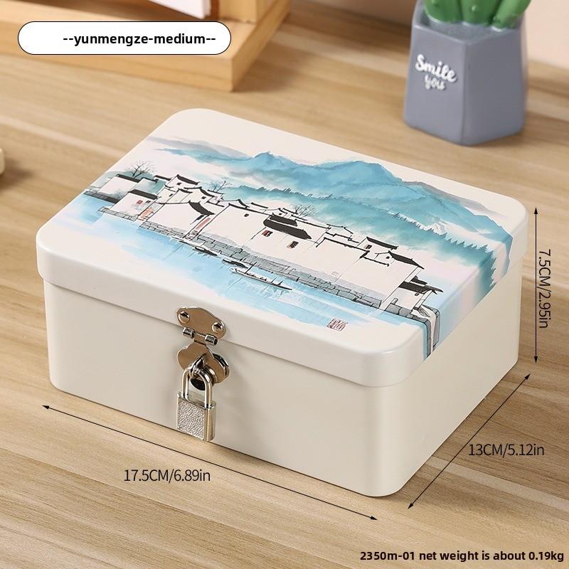 Retro Tinplate Box with Lock Key, Desktop Storage Box, Cosmetics, ID Storage, Household Jewelry Empty Box.