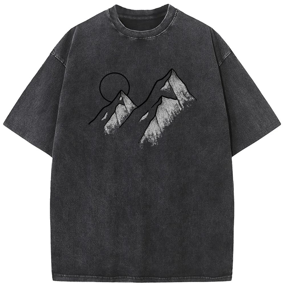 Geometric Mountain Sunset Printed Short Sleeve Men's and Women's Casual Fashion T-Shirt Old-Style Washed Distressed T-Shirt