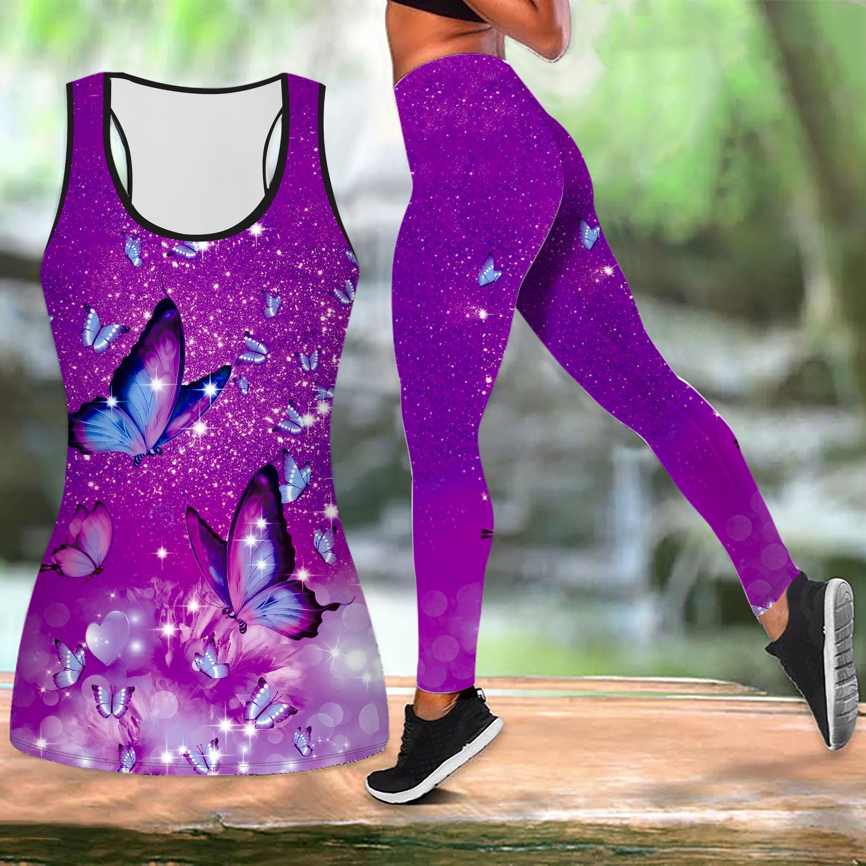 

Синий принт бабочки йога костюм для женщин модные леггинсы для тренировок фитнес спорт повседневный комплект для йоги спортивный костюм L фиолетовый