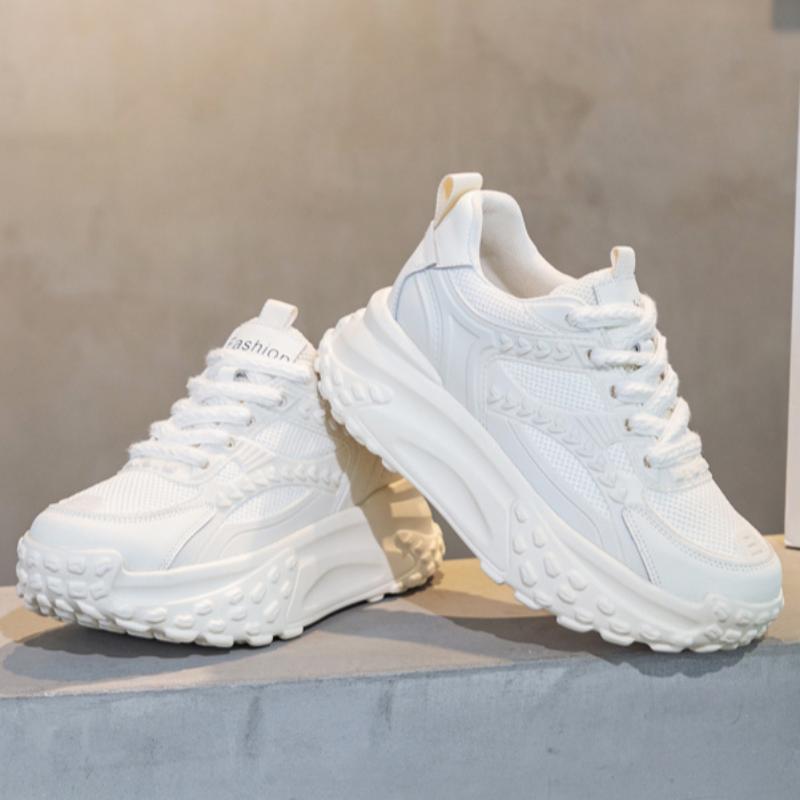 Sommar Andningsbara Nätskor Dam Läder Inre Höjdökning Pappa Skor Tjocka Sulan Mångsidiga Vardagliga Små Vita Skor