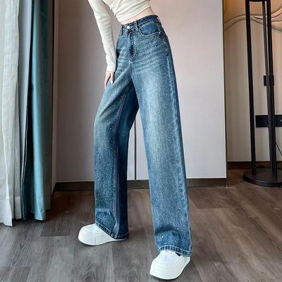 Jeans Étroits et Larges pour Femmes Printemps et Automne Pantalons Droits Amples Taille Haute Personnalité Design Pantalons Serpillère Strassés